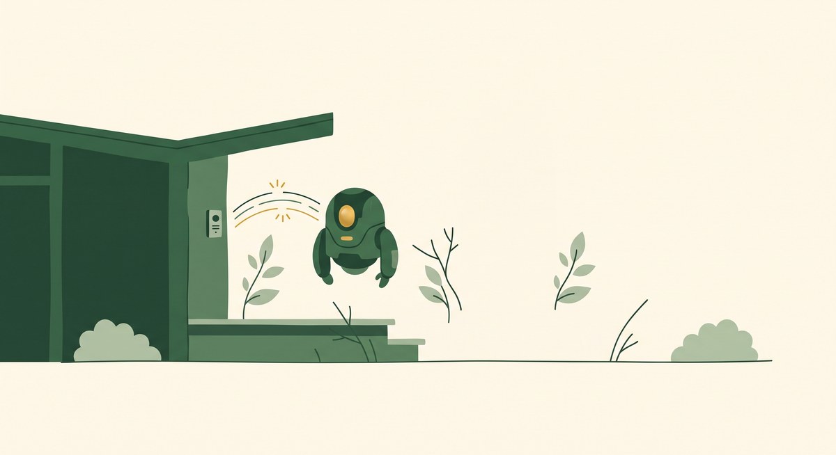 A friendly robot waiting politely at a front door