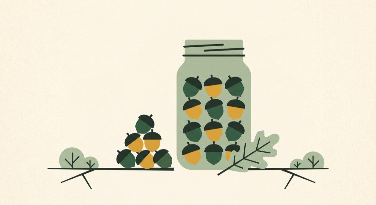 A jar of acorns being counted into tidy rows