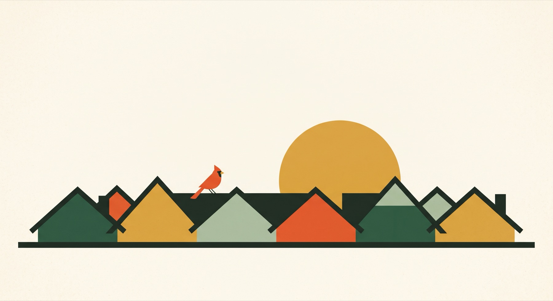 A row of neighborhood rooflines at sunset, a cardinal keeping watch