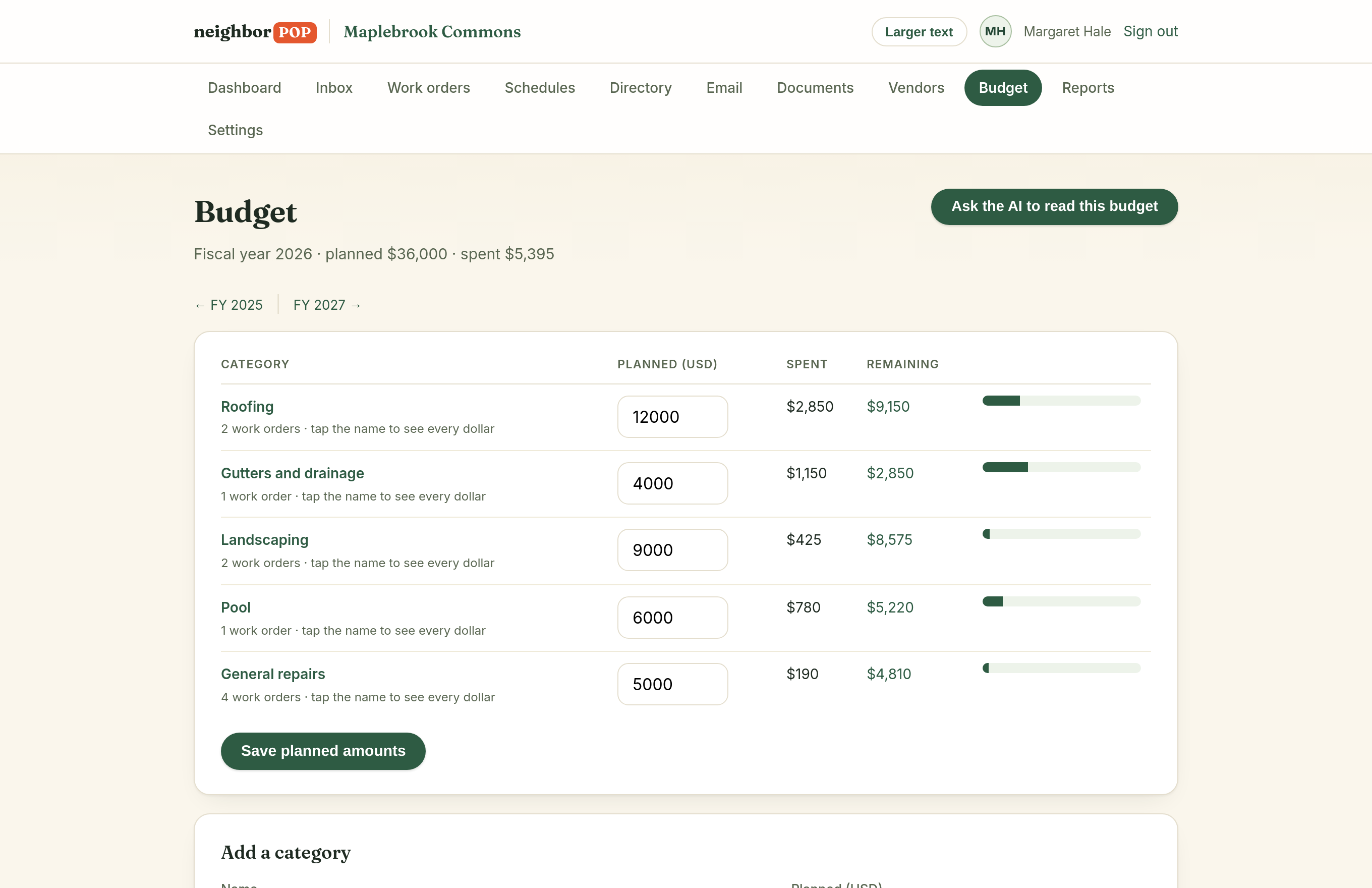 The budget page: planned versus spent by category with an AI reading