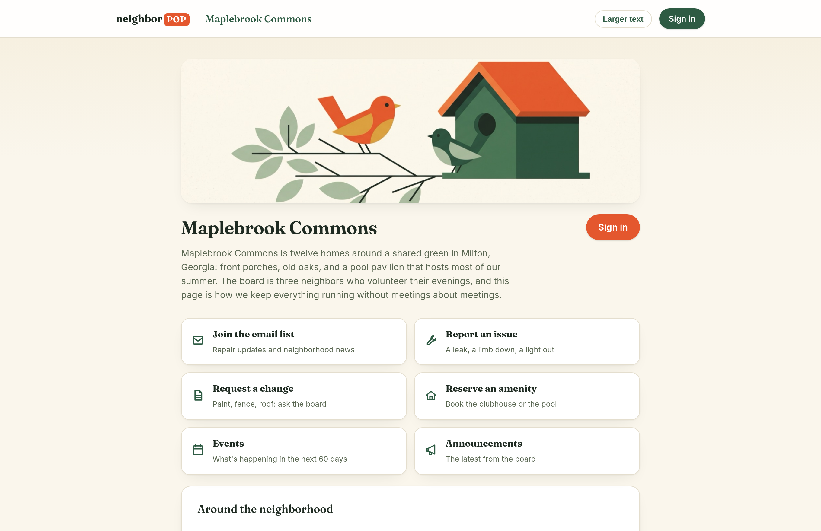 A community's public homepage: about text, join the email list, report an issue, reserve an amenity, upcoming events