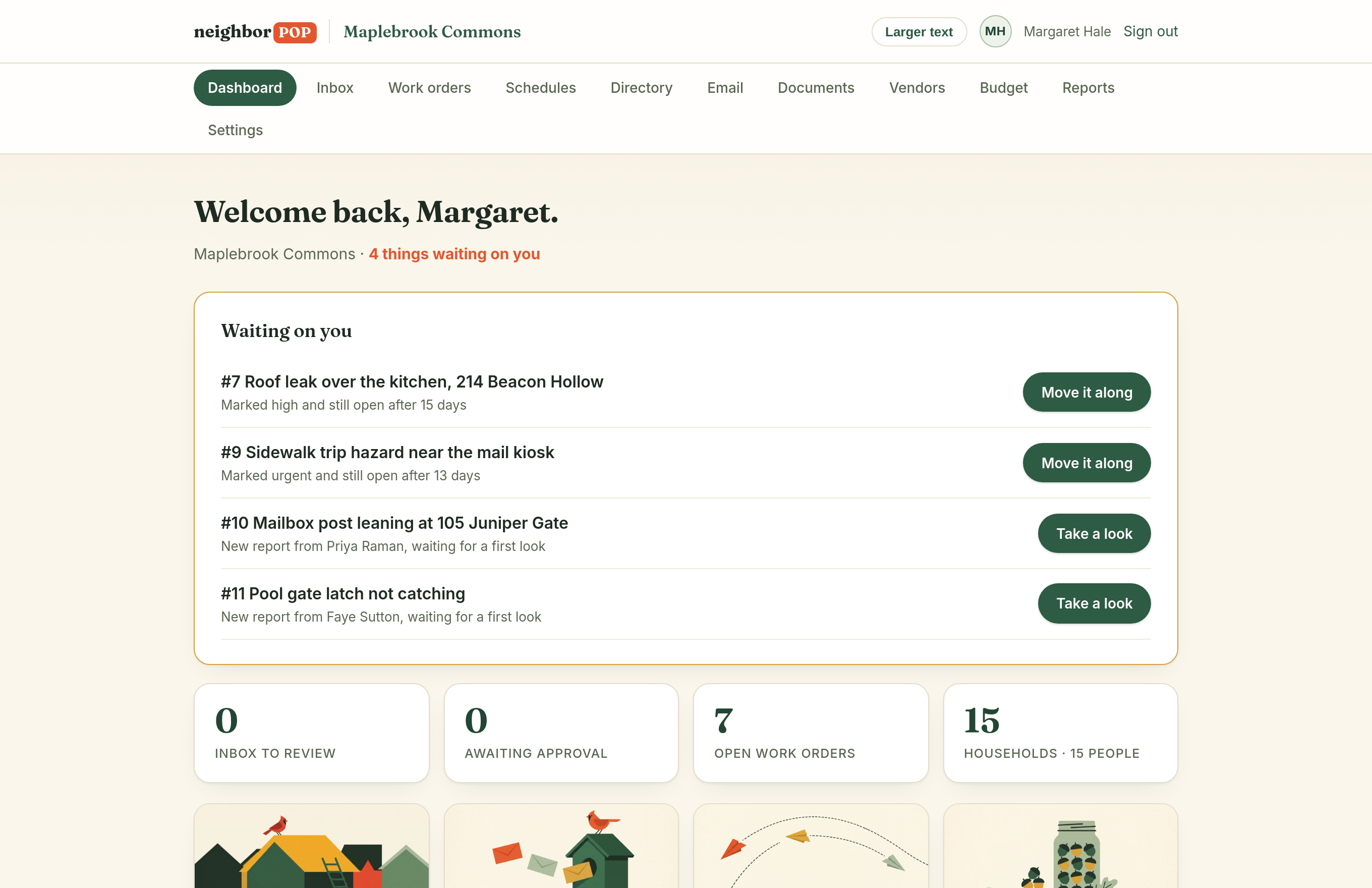 The Maplebrook Commons dashboard: a Waiting-on-you list with one-tap actions, counts for inbox, approvals, and open work orders