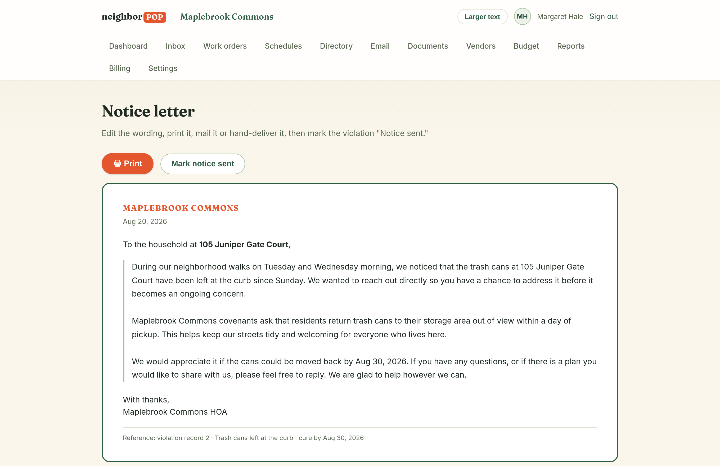 A printable violation notice letter on community letterhead with a courteous AI-drafted body