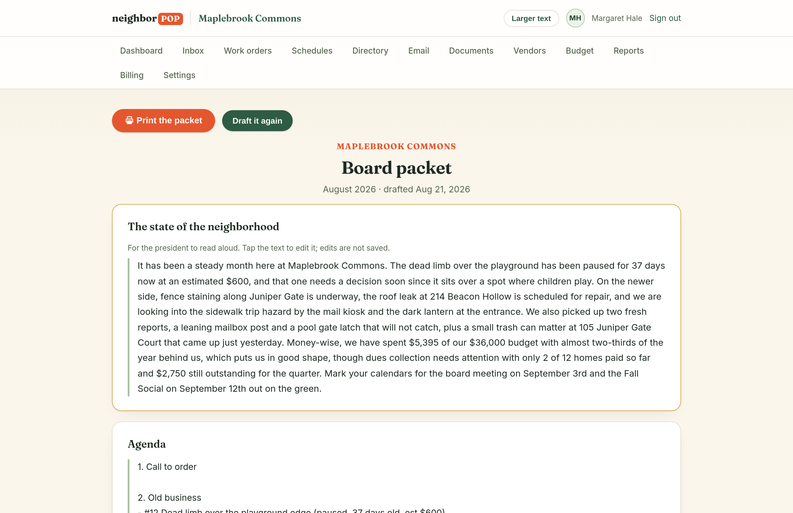 The AI board packet: a drafted state-of-the-neighborhood paragraph and agenda above live tables