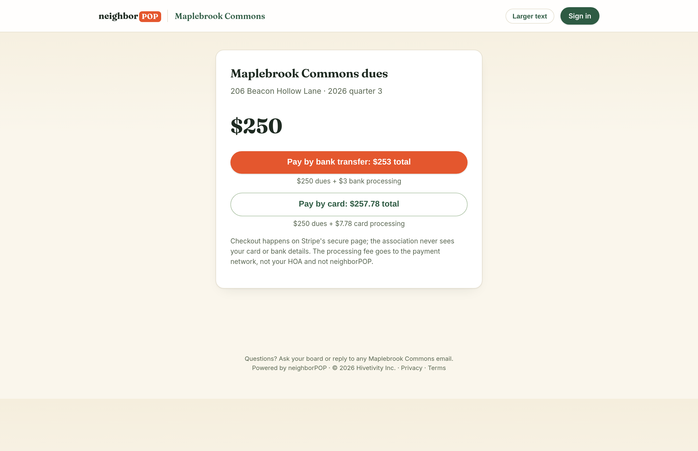 A resident dues pay page: the amount huge, bank and card totals with fees shown plainly
