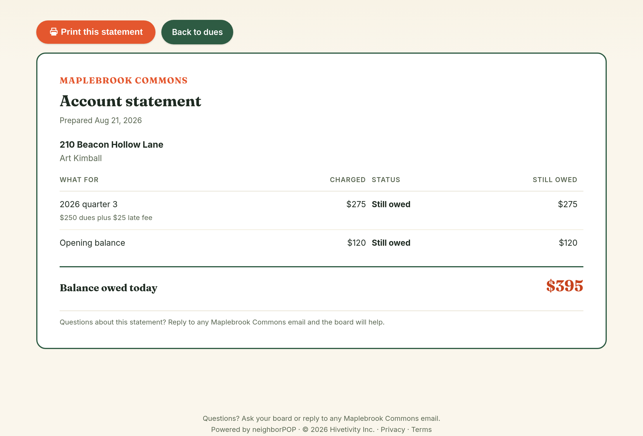 A printable account statement for one home: each charge, its status, and the balance owed today