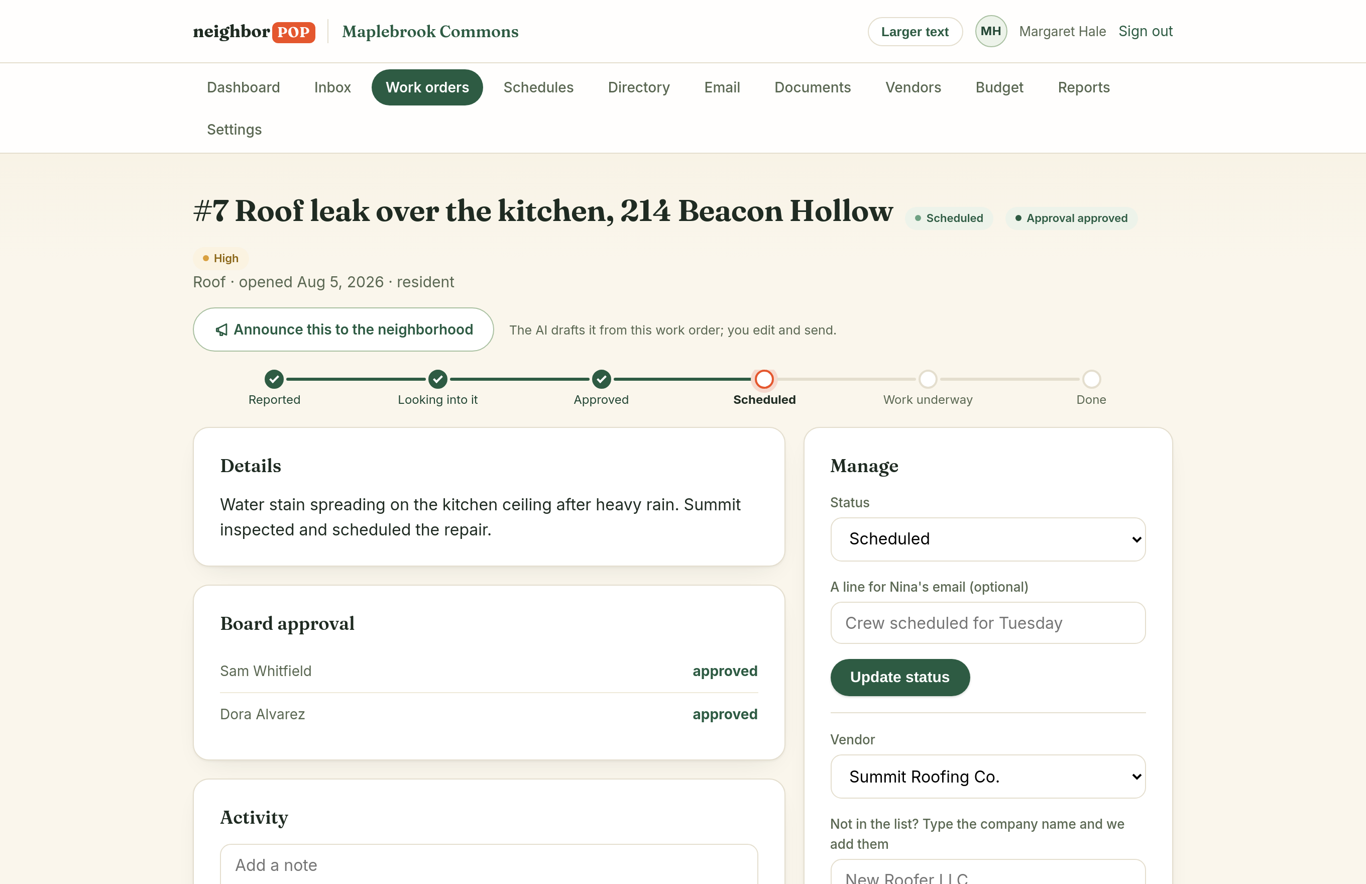 A work order with a plain-language progress path, board approval votes, and vendor assignment